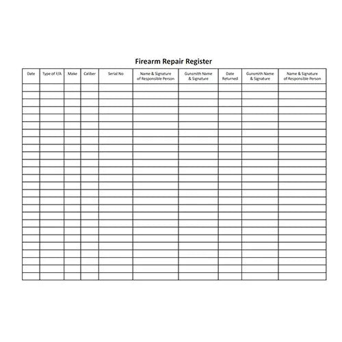 Firearm Repair Register Book