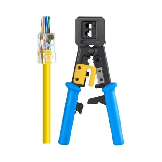 Crimping Tool for RJ45 Pass-Through Connectors with Built-In Trim Cutter